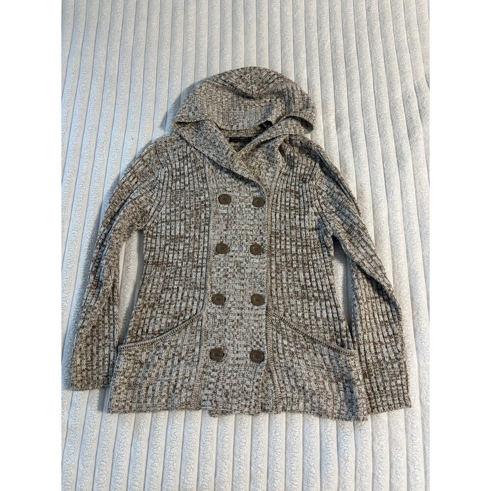 Effeci Creazioni Double Breast Button Front Hooded Sweater Womens XL Brown Speck